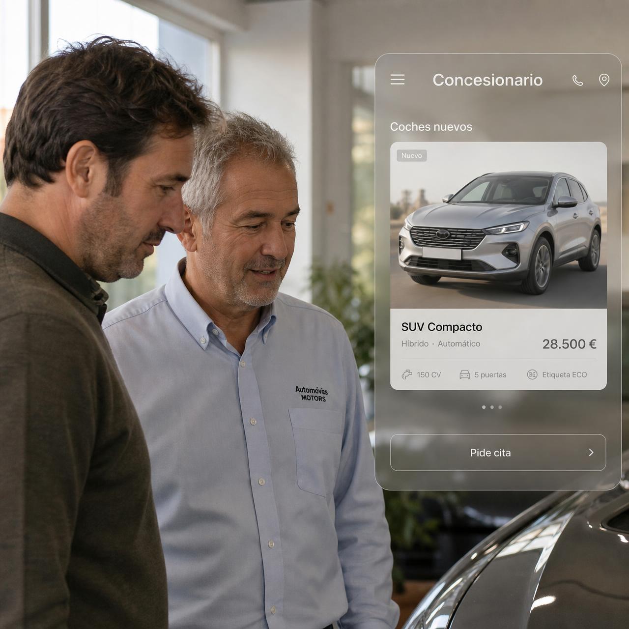 Comercial de un concesionario conversando con un cliente en el showroom